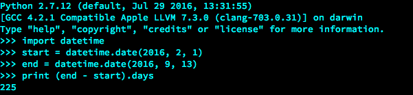 Python script showing 225 days